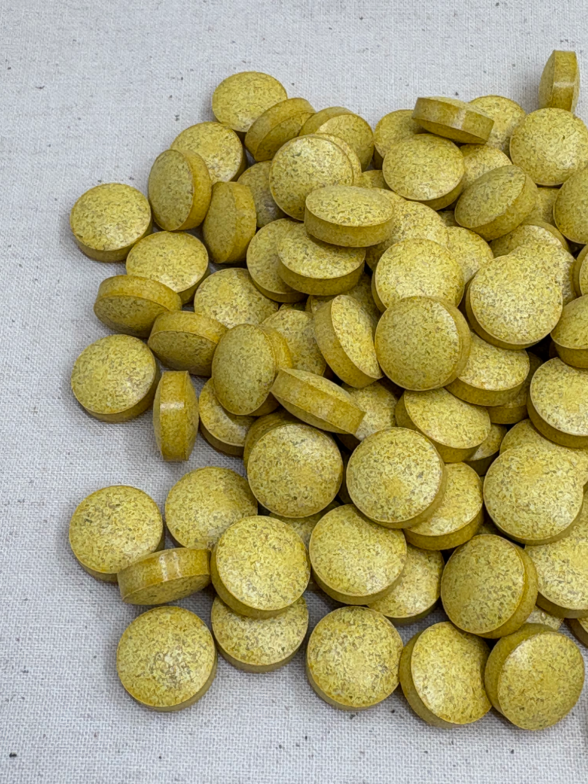 Green lipped mussel joint supplement capsules for dogs on an off-white fabric background