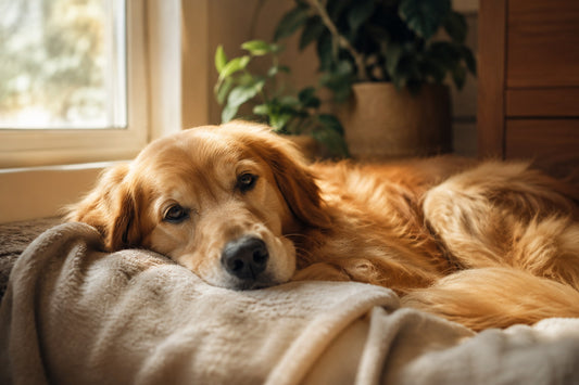 Natural ways to calm dogs, relaxed dog in a cosy safe space at home