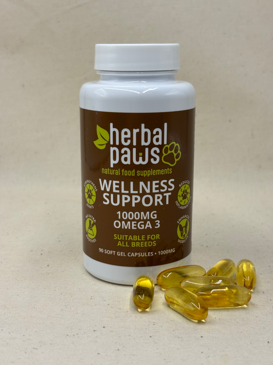 A white bottle of herbal paws Wellness Support 1000MG Omega 3 dog supplements with several yellow soft gel capsules scattered in front on a neutral beige background.